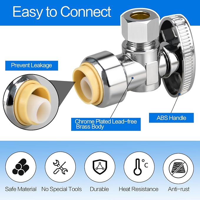 5pcs Angle Stop Valve, 1/2" PTC Input, 3/8" OD Compression Output | - Image 3