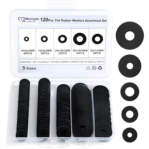 120Pcs Flat Rubber Washers Assortment Kit, 16/18/20/25/30mm Black Washer by Monigte