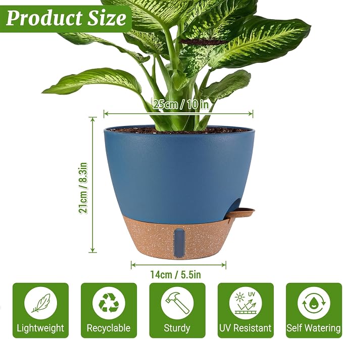 2 Pack 10 inch Plant Pots, Plastic Self Watering Planters | Drainage Holes - Image 7