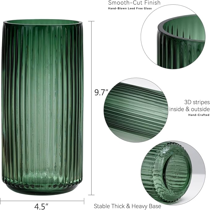 Flower Vase 10 inch Green Thickened Hand Blow Glass Vase Round Vintage Striped - Image 3