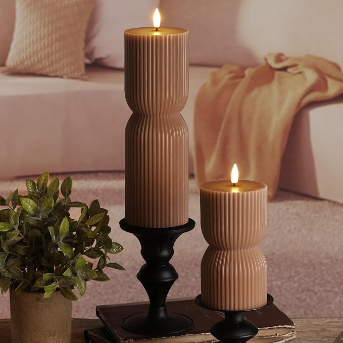 Brown Ribbed Fall Flameless Pillar Candles - Image 7