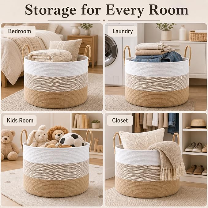 JMvicyroam 65L Extra Large Machine Washable Cotton Rope Blanket Basket | - Image 5