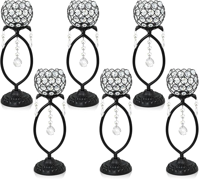 6 Pcs Black Elegant Metal Crystal Tea Light Candle Holders by kehail