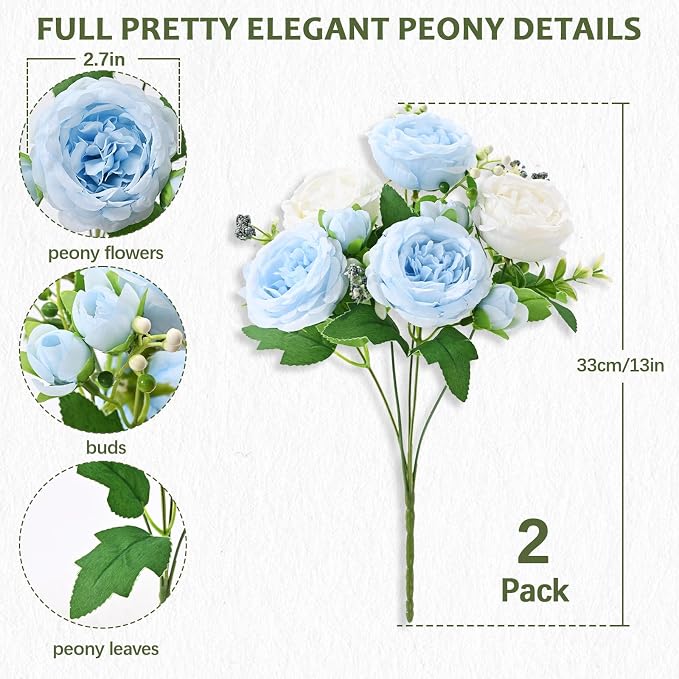 4 Packs Peonies Artificial Flowers Mixed White Blue Silk Artificial Peonies | - Image 4