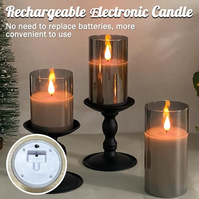 LEDHOLYT Rechargeable Flameless Grey Glass Candles–Gifts - Image 4