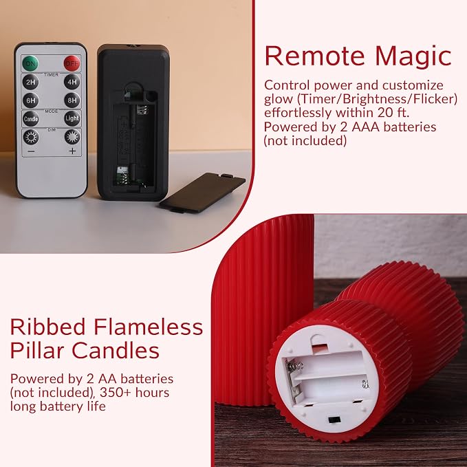 Red Ribbed Flameless Pillar Candles - Image 3