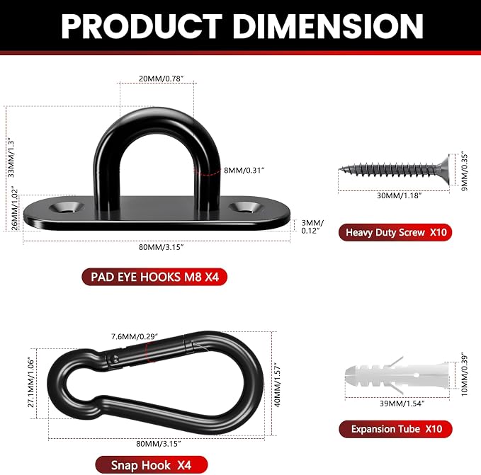 304 Stainless Steel Pad Eye Snap Hook, M8 Ceiling Hook 1200Lb, Yoga Gym - Image 2