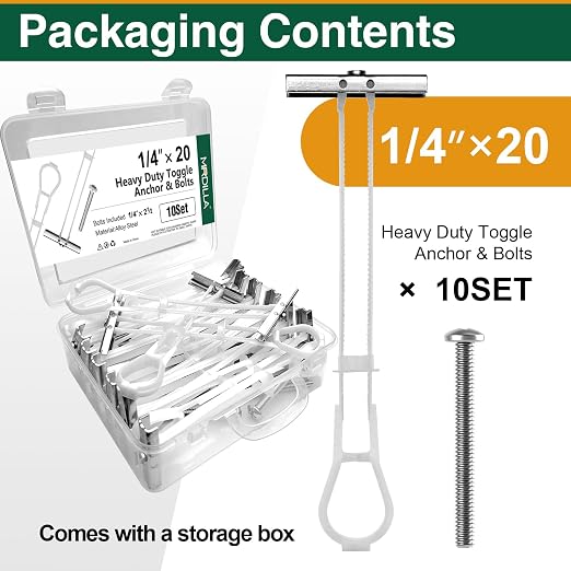10PCS 1/4"-20 Toggle Bolts for Drywall, Metal Strap Anchors | Up to 260 lb load - Image 3