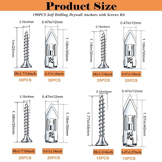 190 PCS Self Drilling Drywall Anchors - Image 2