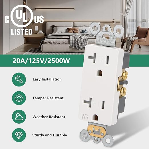 Wengart 6-Pack 20 Amp Duplex Receptacle Outlet, Weather Resistant & Tamper - Image 2