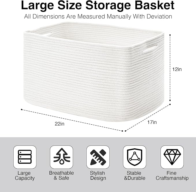 ICERZCZ Large Rectangle Blanket Basket, Large Storage Basket, Cotton Rope Woven - Image 3