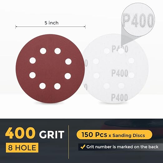 HARFINGTON 150 Pcs 5 Inch Sanding Discs 400 Grit Red Aluminum Oxide 8 Hole | - Image 2