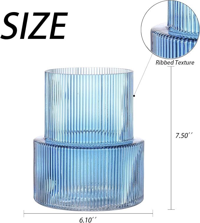 Blue Glass Vase, Ribbed Glass Vase - Image 7