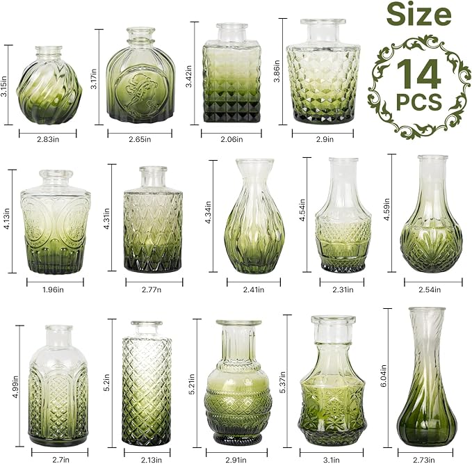 Clear Gradient Green Glass Bud Vase Set of 14 Pcs, Small Bud Vases in Bulk - Image 4