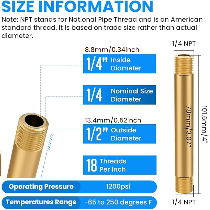 SDTC Tech Brass Pipe Fitting Long Nipple 1/4 NPT Male x 1/4 NPT Male Thread | - Image 2