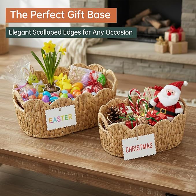 Coeusy Scalloped Basket Set of 2, Water Hyacinth Basket - Image 2