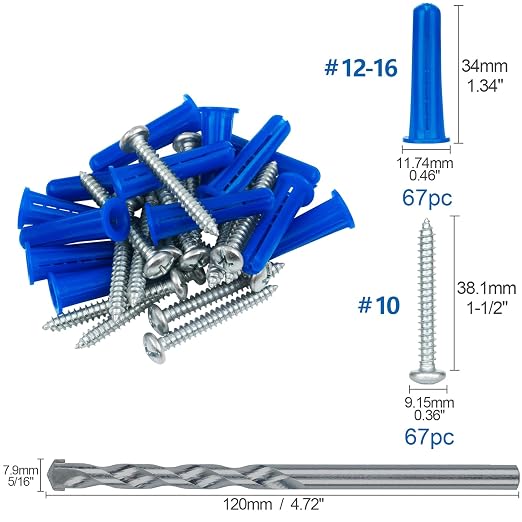 #12-16 Wall Anchors and Screws Kit, 67 Plastic Concrete Anchors and 67 Wood - Image 6