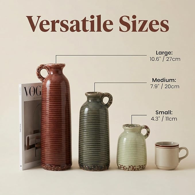 Ceramic Vase Set of 3 with Handles, Versatile as Table Centerpiece or Mantel & - Image 5