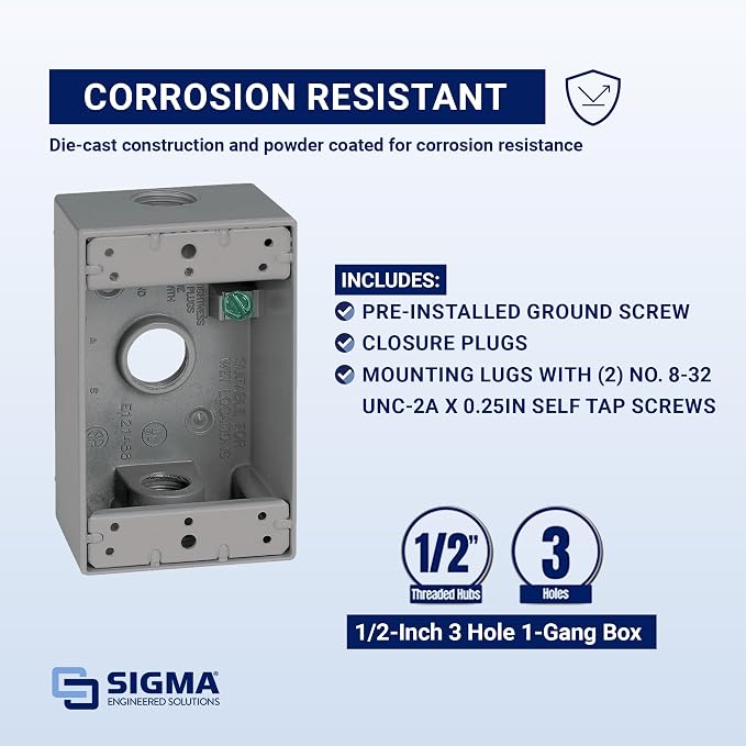 Sigma Engineered Solutions 14250 Weatherproof 1/2" 3 Hole 1-Gang Box - Image 3