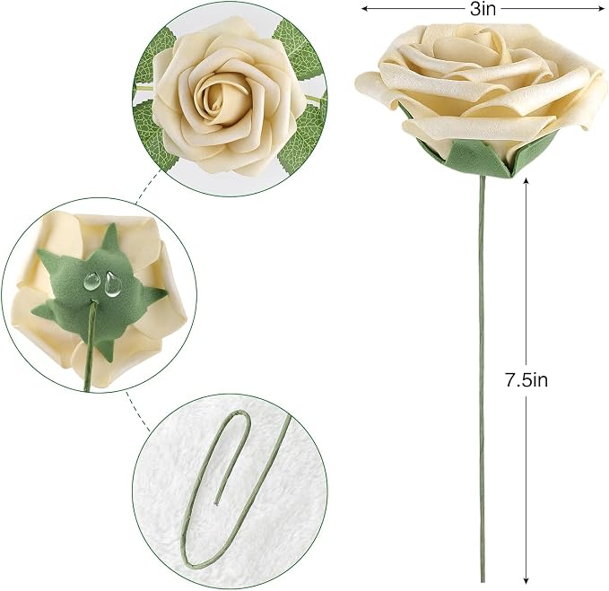 AmyHomie Beige Rose 25pcs Real Looking Artificial Flowers w/Stem | Bouquet - Image 6