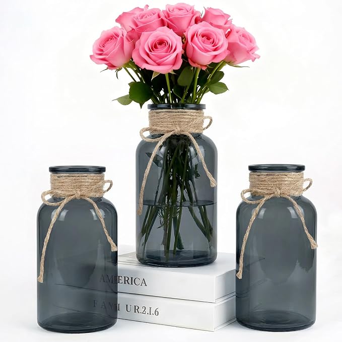 3 Pack Mason Jar Vases for Centerpieces, Wide Mouth Mason Jars by LEYIQU