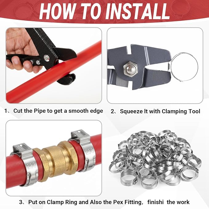 100 Pcs 1 Inch PEX Cinch Clamps, 304 Stainless Steel Crimp Rings Single Ear - Image 4