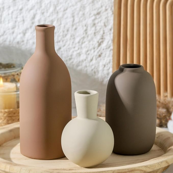 Ceramic Vases Set of 3, Modern Neutral Rustic Farmhouse Home Decor Pottery by ooit