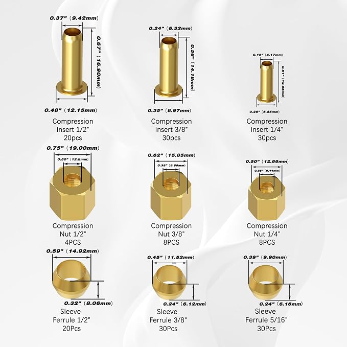 180PCS Brass Compression Sleeve Ferrule, Insert Nuts Fittings Kit | 1/4" 3/8" - Image 2