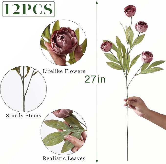 12 Pcs 27" Faux Silk Peony Artificial Flowers Stems - Image 5