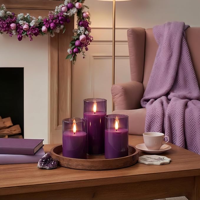 Homemory Purple Glass Flameless Candles, Real Wax, Remote Timer, 3 Pack | - Image 2