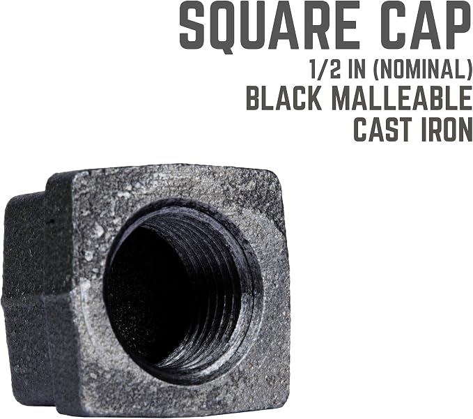 1/2" Square Cap Fitting, PIPE DECOR Black Malleable Iron Fittings Fit Standard - Image 7