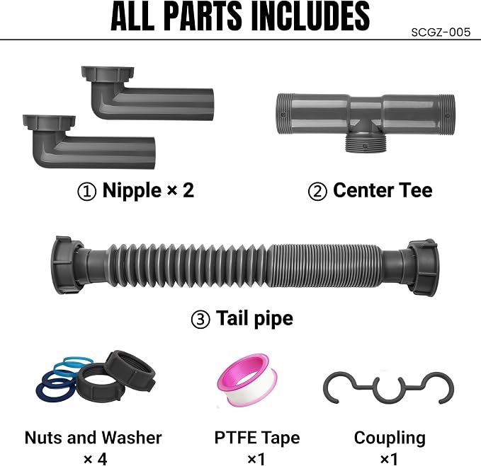 1-1/2" Double Bowl Kitchen Sink Drain Pipe Kit, Center Outlet Waste, - Image 3