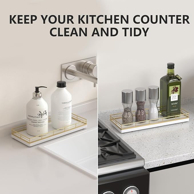 Bathroom Tray for Counter Top Organizer, Oak Wood Vanity Tray | Metal Frame for - Image 4