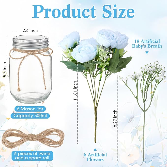 6 Sets Mason Jar Flowers Centerpiece Table Decorations, Artificial Peony Baby's - Image 4