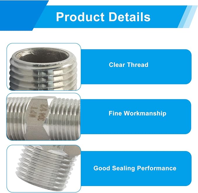 1/2" Male x 1/2" Male NPT Hex Nipple Pipe Fittings | 304 Stainless Steel - Image 4