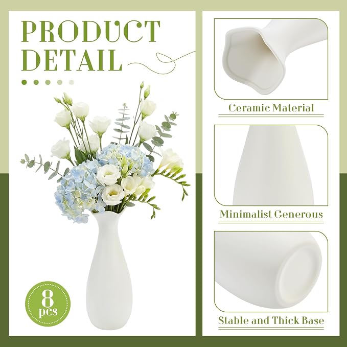 Qinyoung White Ceramic Bud Vase Set of 8 - Image 3