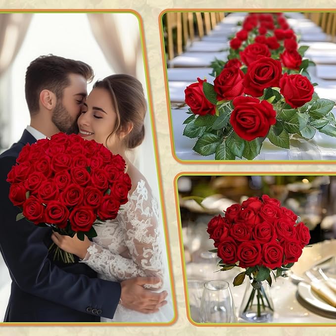 100 PCS Fake Red Roses, Artificial Red Flowers Bulk, Realistic Silk Roses | - Image 4