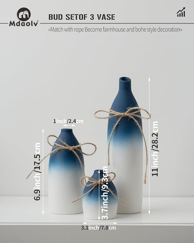 Mdaolv Blue and White Vase Set Navy Blue Decor Coastal Decor Vases - Image 5
