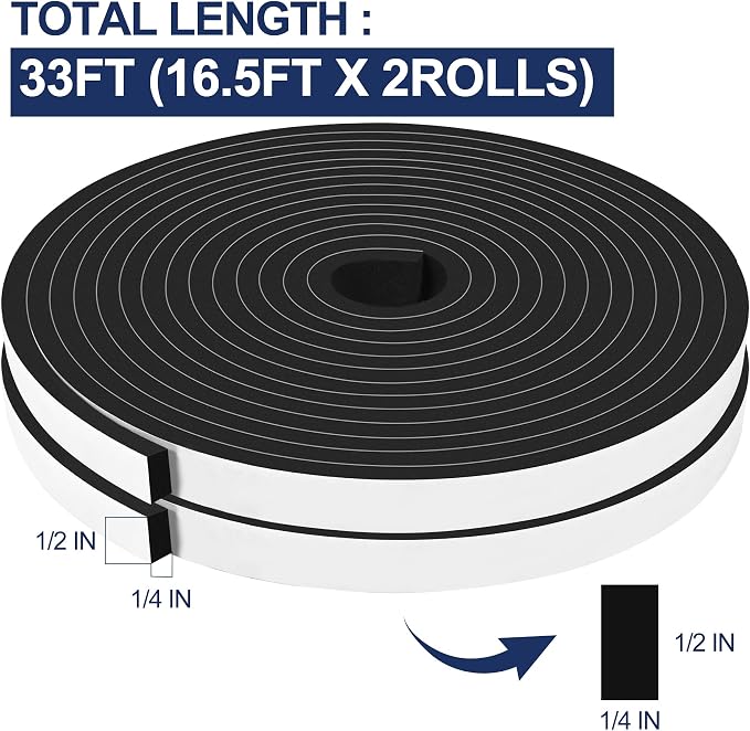 33Ft Foam Tapes Self Adhesive Foam Seal Strips 1/2In x 1/4In x 16.5Ft Each Roll - Image 2