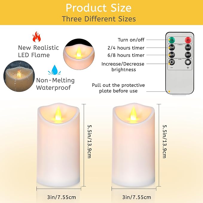 Flameless Candles 4" 5" 6" Outdoor Indoor Pillars Battery Operated Flickering - Image 3