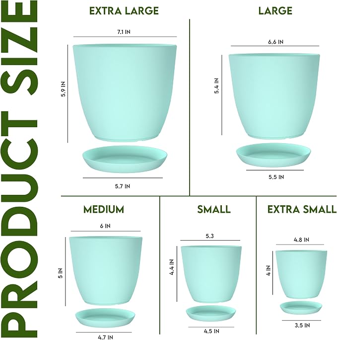 Plant Pots Indoor with Drainage, 5 Pack Multi-Size Planters Set, Aqua | - Image 2
