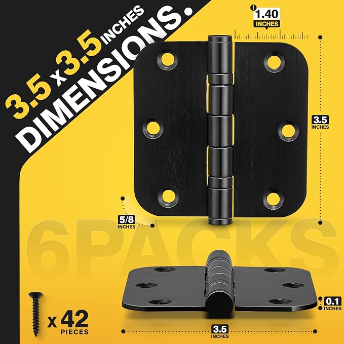 KOLET Ball Bearing Door Hinges, 3.5 Inches, 5/8" Radius, Matte Black, 6 Pack | - Image 2
