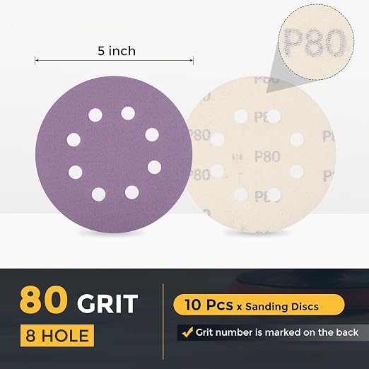 HARFINGTON 10Pcs 5Inch Sanding Disc 8 Hole 80Grit Purple Aluminum Oxide | Hook - Image 2