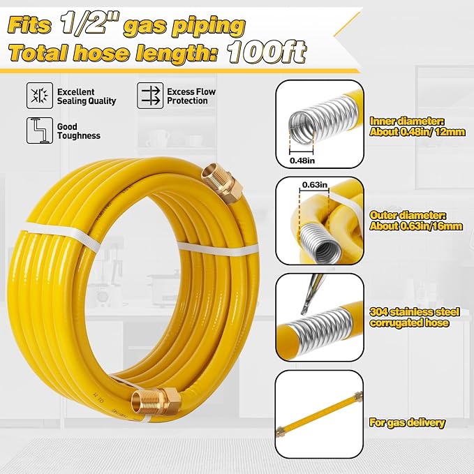 100Ft 1/2" CSST Gas Line, Flexible Stainless Steel Tubing Pipe | Anti-Cracking - Image 2