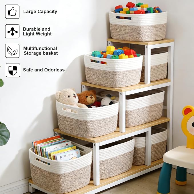 6 Pack Woven Rope Baskets, 12.6"×9"×7.8" Storage Bins, Shelf Baskets Organizer - Image 4