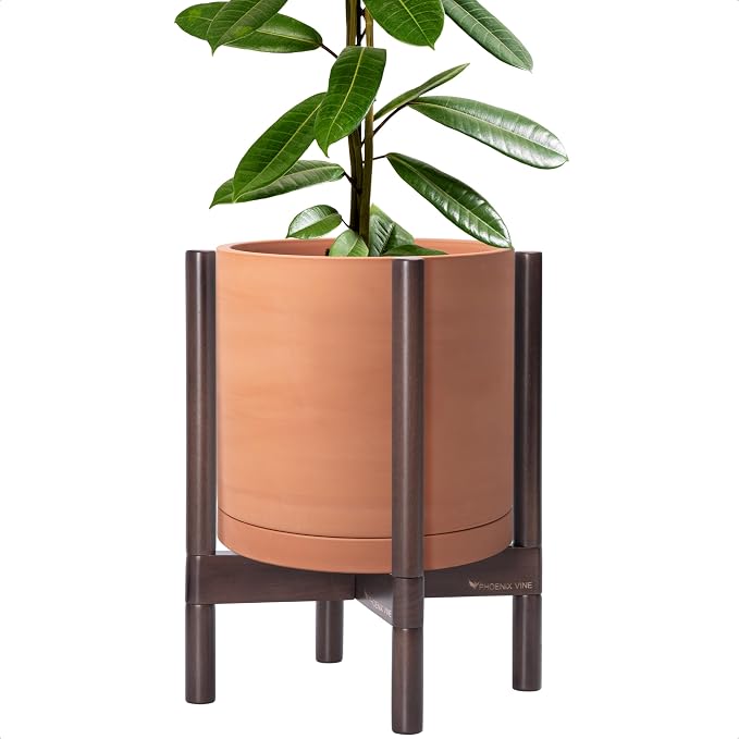 D'vine Dev Terracotta Pot with Walnut Wood Stand, 12 in, 55-B-W-5 | Mid-Century by DvineDevPlanterPotsandStand