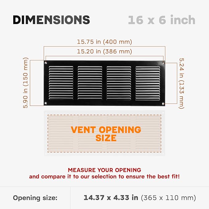 16 x 6 Inch Black Galvanized Steel Return Air Register Vent Cover, AC Vent Cover - Image 2