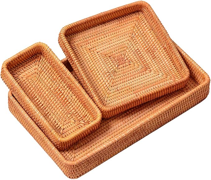 i-lan Rattan Serving Tray Set of 3, Rectangular Wicker Trays, Natural Brown | - Image 4