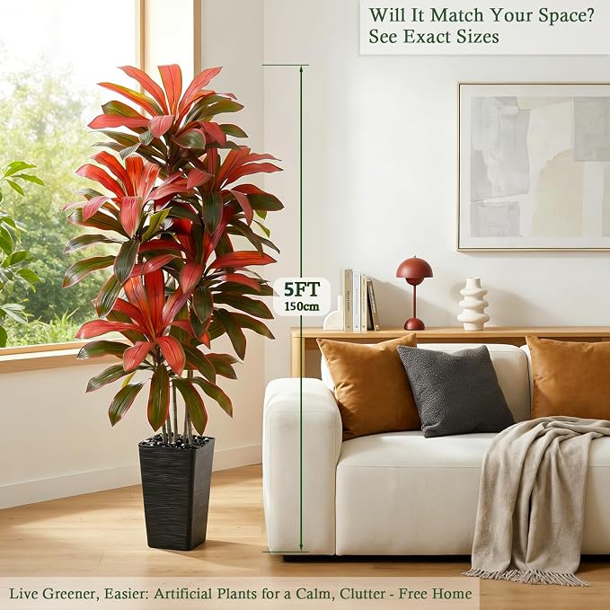Artificial Dracaena Tree: 5FT Fake Plants Silk Faux Trees（Black Pot） | - Image 2