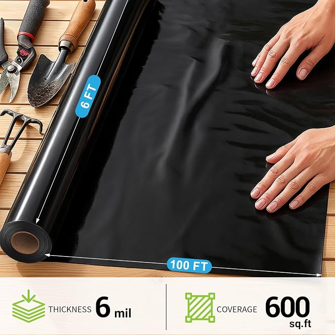 Black Plastic Sheeting 6 Mil 6' x 100', Heavy Duty Polyethylene Plastic Rolls - Image 2